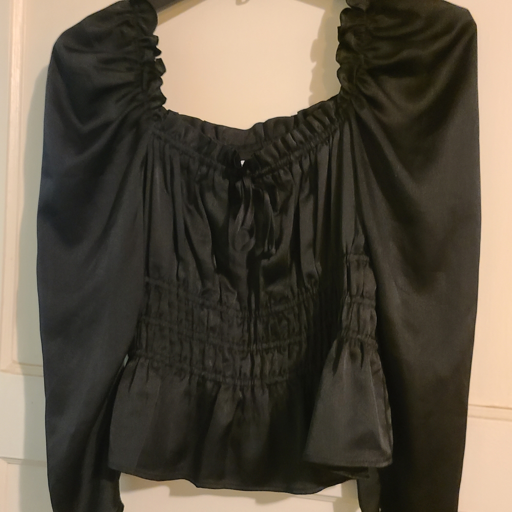 Topshop Black Smocked Peasant Blouse with Puff Sleeves
